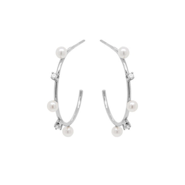 PE0025 925 Sterling Silver Prong Set Zirconia Tiny Pearl Hoops