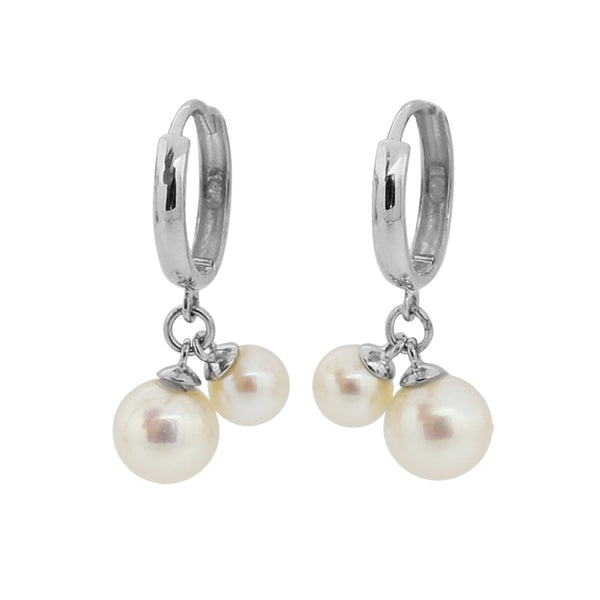 PE0063 925 Sterling Silver Double Pearls Dangle Hoop Earrings