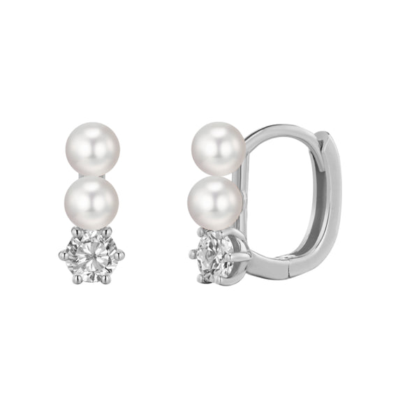 PE0047 925 Sterling Silver Bar Three Pearl Tiny hoop Earrings