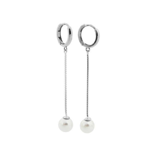 PE0052 925 Sterling Silver Long Chain Freshwater Pearl Drop Hoop Earrings