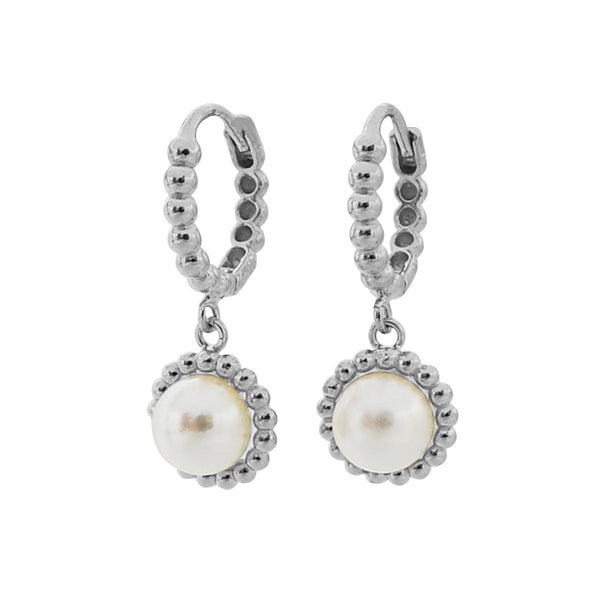 PE0066 925 Sterling Silver Beaded Round Pearl Dangle Earrings