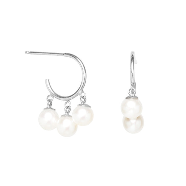 PE0026 925 Sterling Silver Dangling Pearls Huggie Hoops