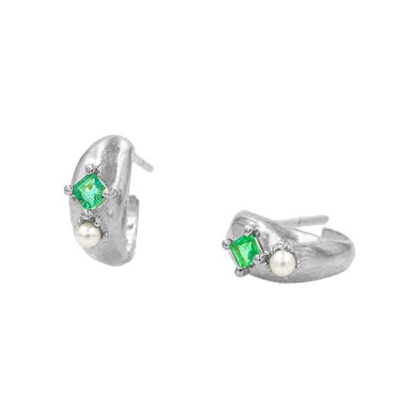 PE0028 925 Sterling Silver Emerald Pearl Mini Hoop Earrings