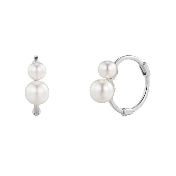 PE0039 925 Sterling Silver Big & Small Two Pearl Hoop Earrings