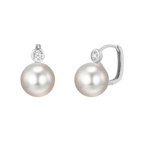PE0043 925 Sterling Silver Round Pearl Bezel CZ U Hoop For Women