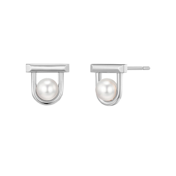 PE0046 925 Sterling Silver Open Circle Pearl U Shape Stud