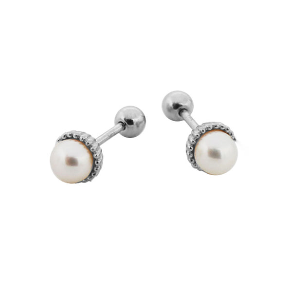 PE0083 925 Sterling Silver Barbell Round Pearl Stud Earring
