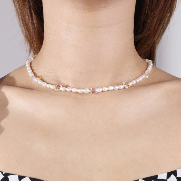 PN0031 925 sterling silver White Glass Star Beads & Freshwater Pearl Choker Necklace