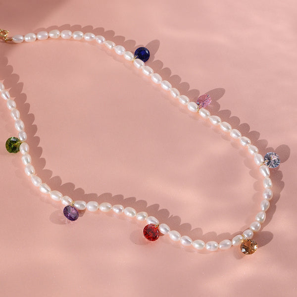 PN0062 925 Sterling Silver Rainbow Cubic Zirconia & Freshwater Pearl Necklace