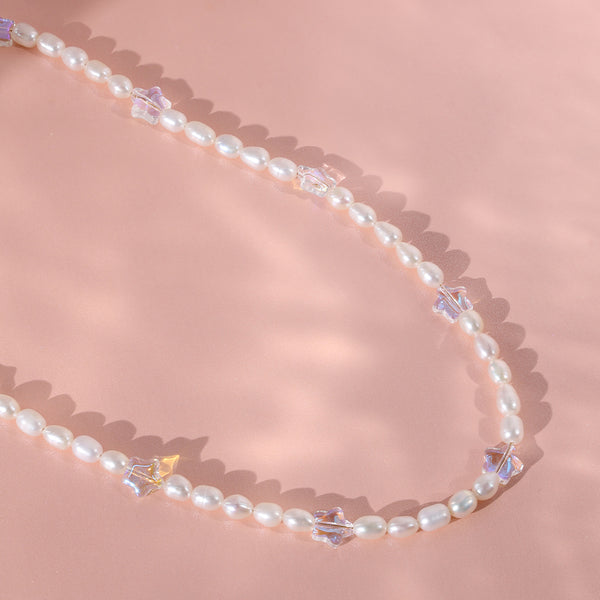PN0031 925 sterling silver White Glass Star Beads & Freshwater Pearl Choker Necklace