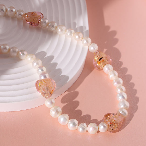 PN0001 925 Sterling Silver 8-9MM Freshwater Pearl Crystal Heart Necklace