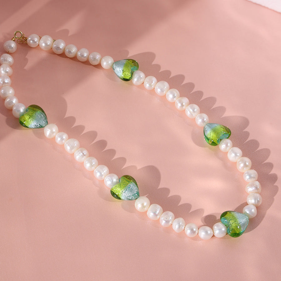 PN0002 925 Sterling Silver Gradient Green Crystal Freshwater Pearl Necklace