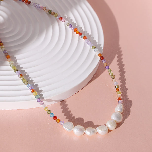 PN0029 925 sterling silver CZ Colorful Bead & Freshwater Pearl Necklace