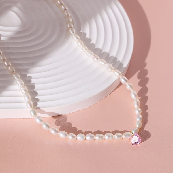 PN0063 925 Sterling Silver 8MM Pink CZ & Freshwater Pearl Choker Necklace