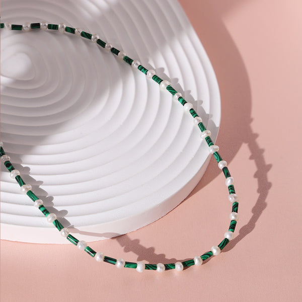 PN0018 925 Sterling Silver Malachite Bar Freshwater Pearl Bead Necklace