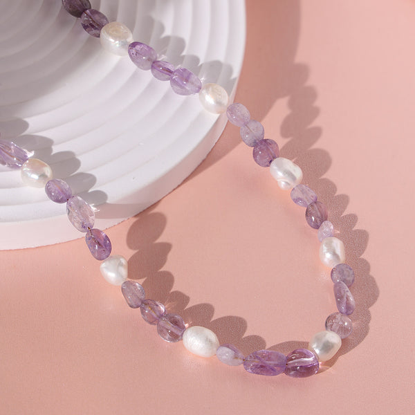 PN0008 925 Sterling Silver Freshwater Pearl Purple Crystal Necklace