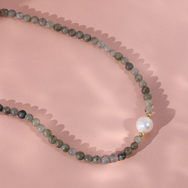 PN0036 925 sterling silver 4MM Glitter Stone Bead Pearl Women Necklace