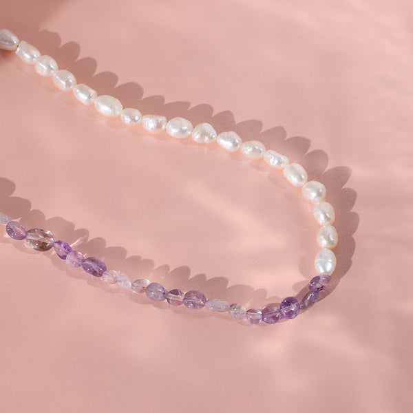 PN0023 925 sterling silver Purple Apatite Stone & Freshwater Pearl Bead Necklace