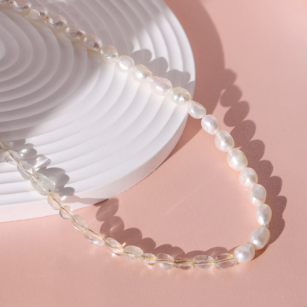 PN0020 925 Sterling Silver Freshwater Pearl Yellow Crystal Bead Necklace