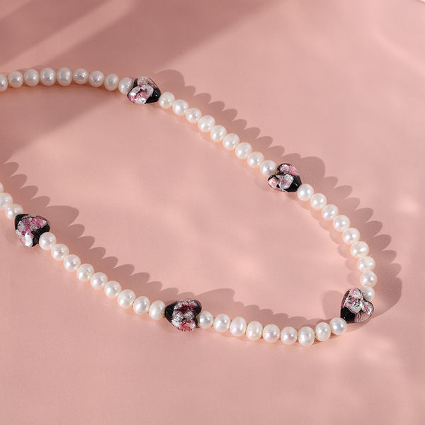PN0019 925 Sterling Silver Heart Glass Bead Stone Freshwater Pearl Necklace