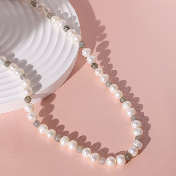 PN0017 925 Sterling Silver Glitter Stone Freshwater Pearl Bead Necklace