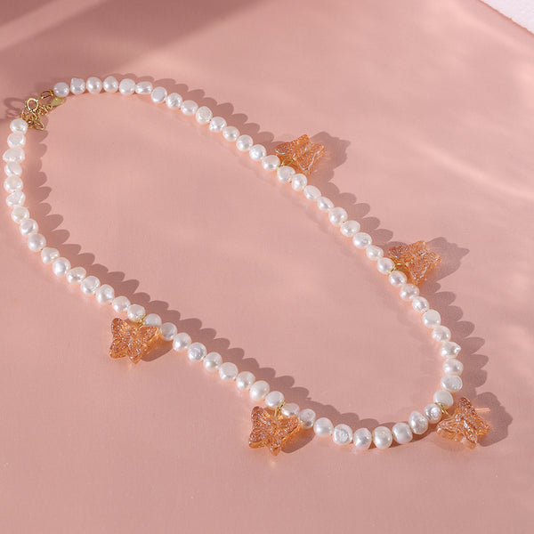 PN0042 925 Sterling Silver Butterflies 4-4.5MM Freshwater Pearl Choker Necklace