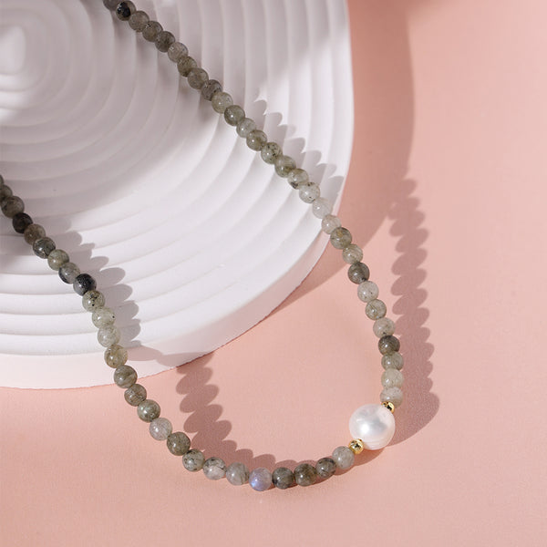 PN0036 925 sterling silver 4MM Glitter Stone Bead Pearl Women Necklace