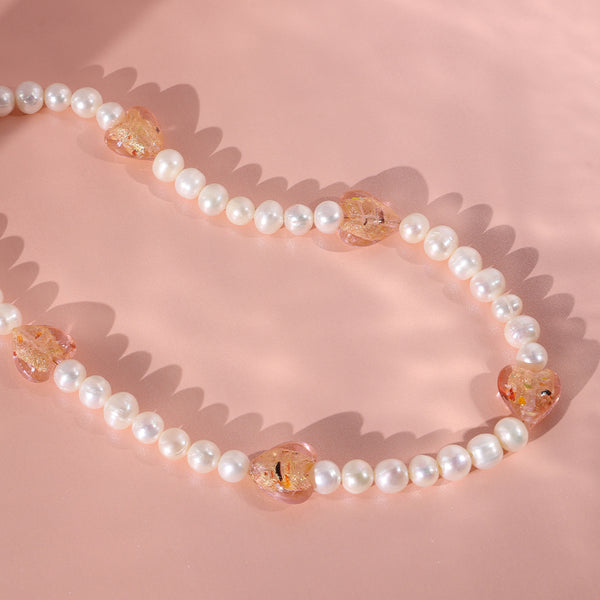 PN0001 925 Sterling Silver 8-9MM Freshwater Pearl Crystal Heart Necklace