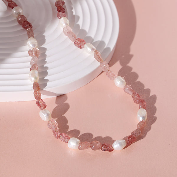 PN0007 925 Sterling Silver Pink Crystal Stone Freshwater Pearl Necklace