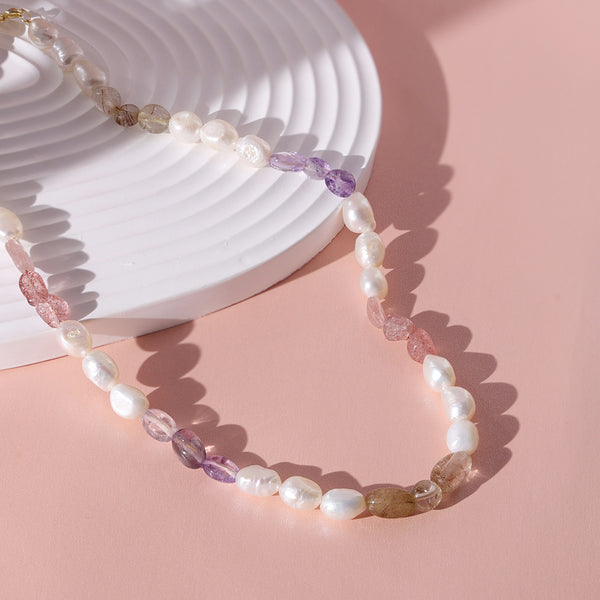 PN0056 925 Sterling Silver Colorful Stone & Freshwater Pearl Choker Necklace