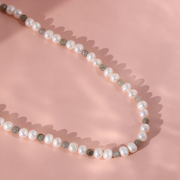 PN0017 925 Sterling Silver Glitter Stone Freshwater Pearl Bead Necklace