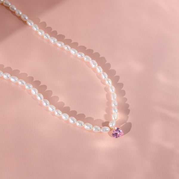 PN0063 925 Sterling Silver 8MM Pink CZ & Freshwater Pearl Choker Necklace