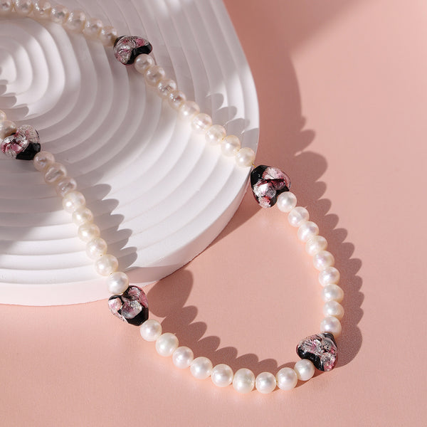 PN0019 925 Sterling Silver Heart Glass Bead Stone Freshwater Pearl Necklace