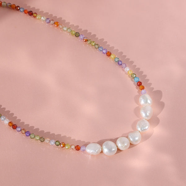PN0029 925 sterling silver CZ Colorful Bead & Freshwater Pearl Necklace