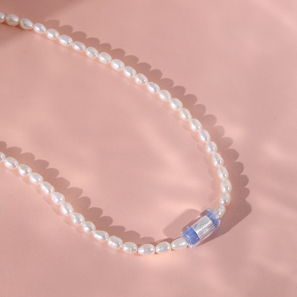 PN0040 925 Sterling Silver 4MM Freshwater Pearl Blue Cuboid Choker Necklace