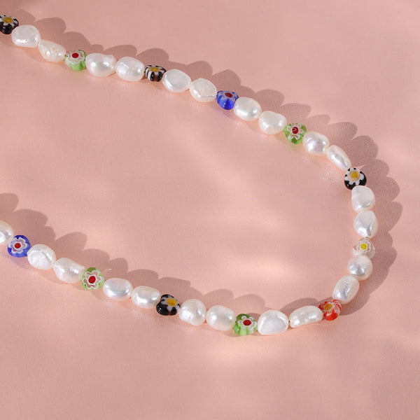 PN0039 925 Sterling Silver Mixed Color Heart Glass Beads & Freshwater Pearl Necklace