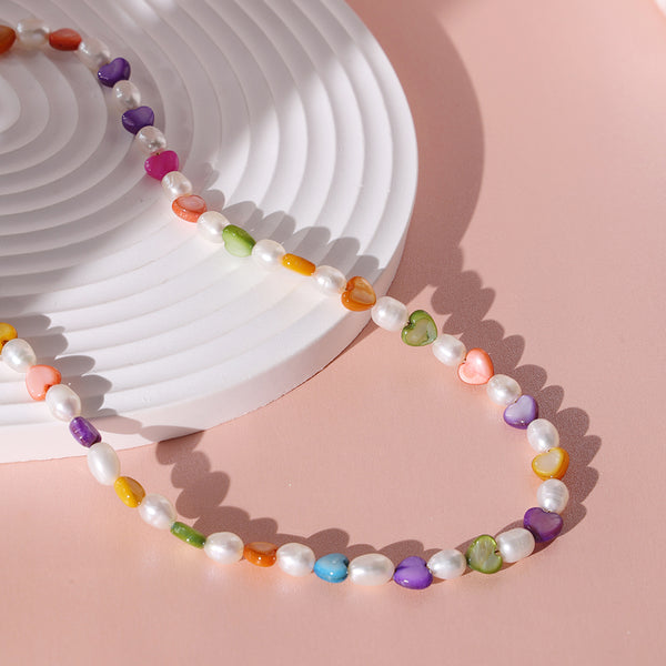 PN0012 925 Sterling Silver Rainbow Heart 5MM Pearl Necklace For Women