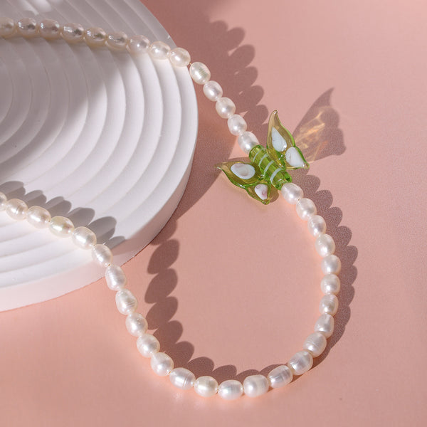 PN0038 925 sterling silver Green Glass Butterfly Freshwater Pearl Necklace