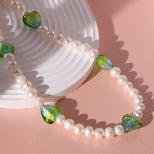 PN0002 925 Sterling Silver Gradient Green Crystal Freshwater Pearl Necklace