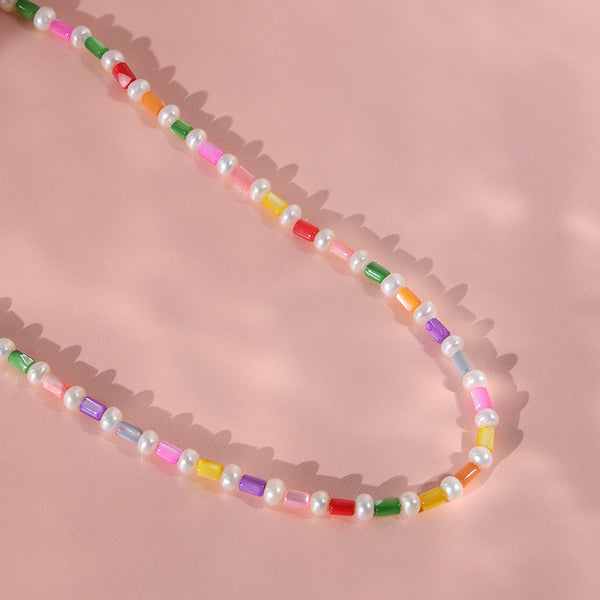 PN0013 925 Sterling Silver Colorful Bead Necklace With Pearl