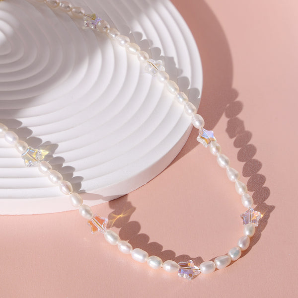 PN0031 925 sterling silver White Glass Star Beads & Freshwater Pearl Choker Necklace