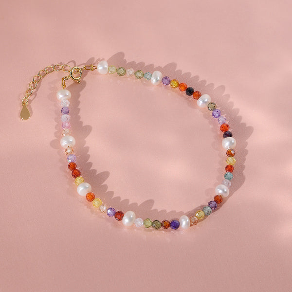 PB0019 925 Sterling Silver Pearl Colorful Cubic Zirconia Bead Women Bracelet