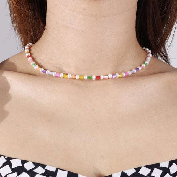 PN0013 925 Sterling Silver Colorful Bead Necklace With Pearl