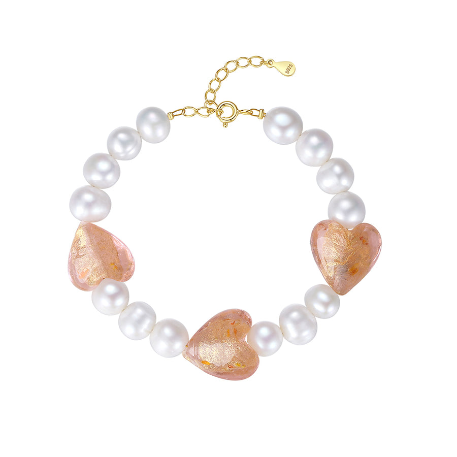 PB0001 925 Sterling Silver Heart Bead & Withe Freshwater Pearl Bracelet