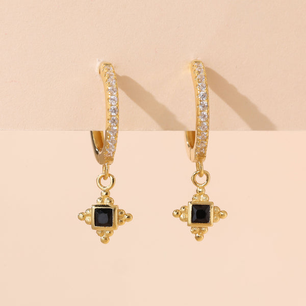 YHE0396 925 Sterling Silver Black Stone Cross Bead Dangle Earring