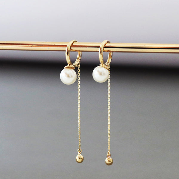 PE0057 925 Sterling Silver Gold Bead Freshwater Pearl Chain Hoop Earrings
