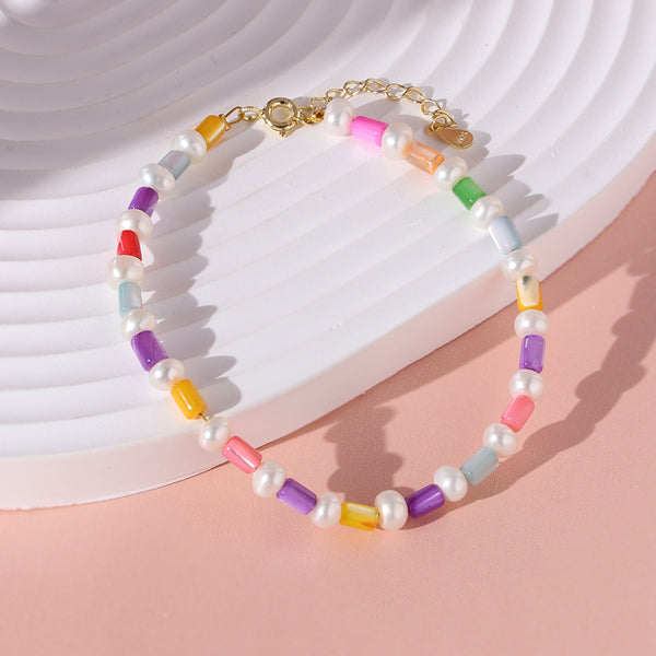 PB0008 925 Sterling Silver Rainbow Shell Bar & Freshwater Pearl Bracelet