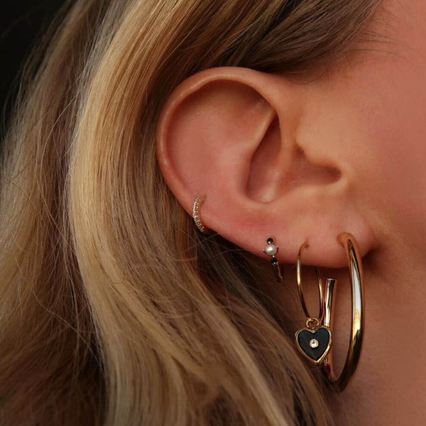 PE0032 925 Sterling Silver Claw Blavk CZ & Pearl Women Huggie Earrings