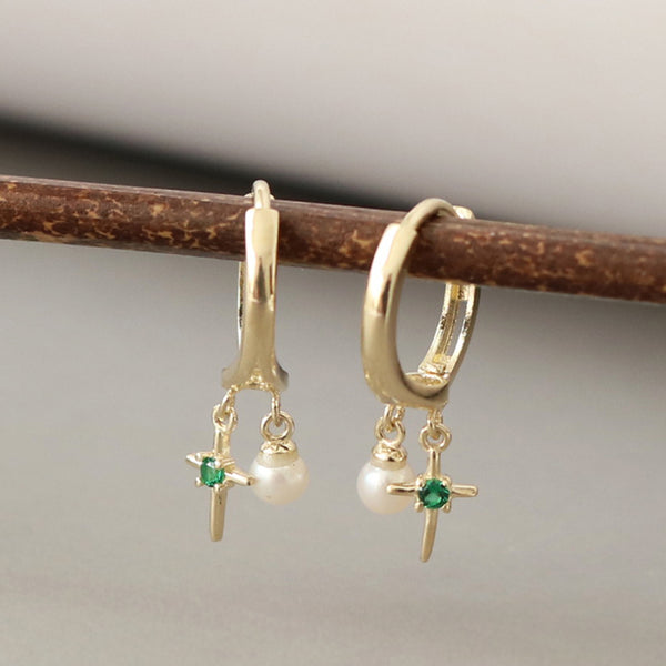 PE0093 925 Sterling Silver Trendy Freshwater Pearl Cross Dangle Hoop Earring