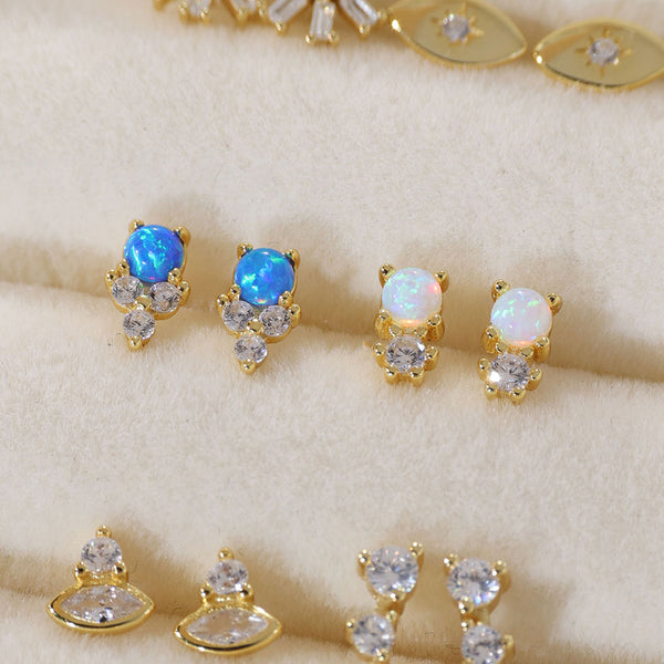 YHE0385 925 Sterling Silver Blue Opal & CZ Trendy Stud For Women